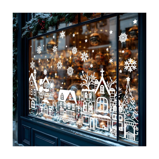 JarThenaAMCS 13.8 * 35.4'' Extra Large Christmas Window Clings 4 Sheets White House Snowflake Xmas Tree Window Stickers Double-Sided Glass Decals for Winter Xmas Home Classroom Office Party Decoration