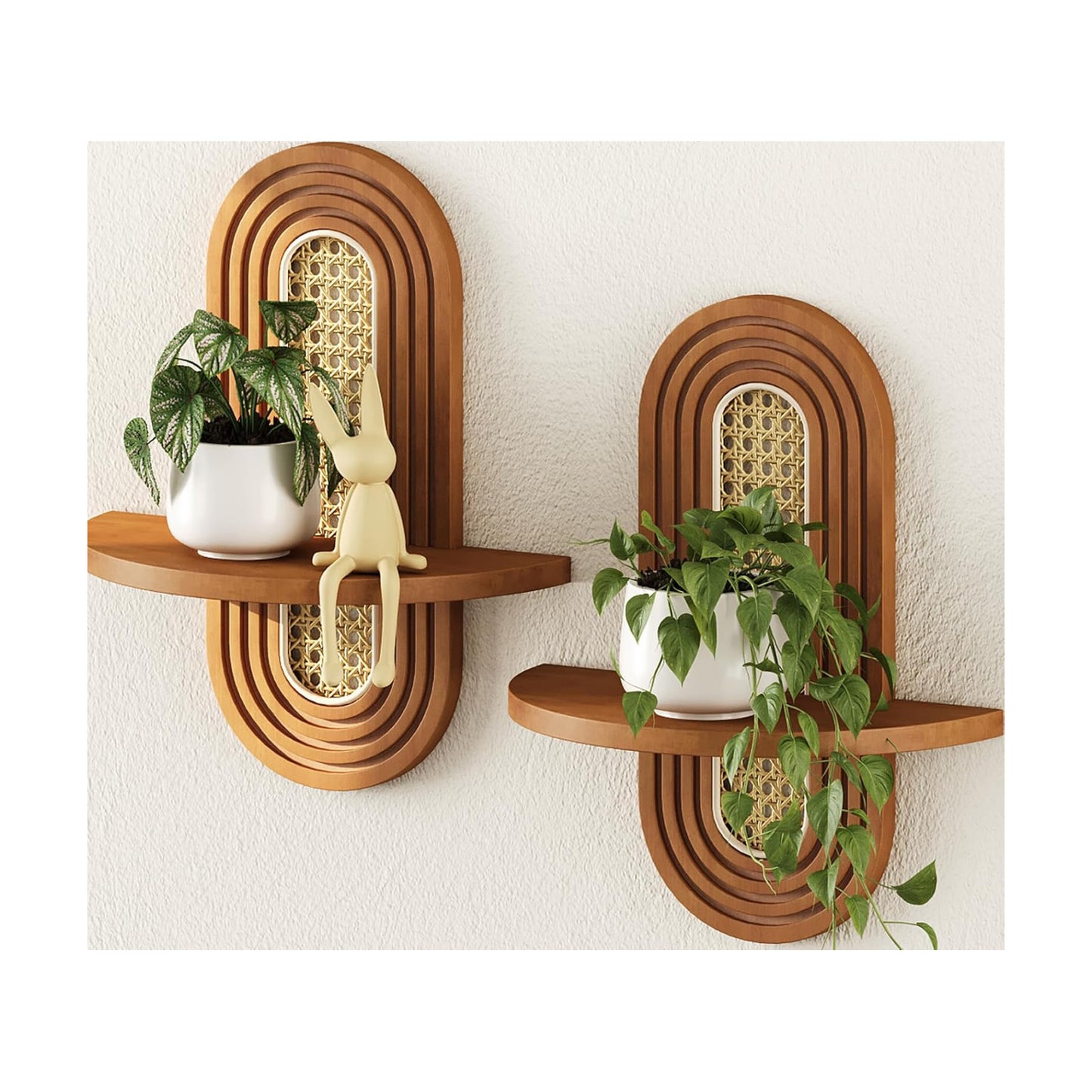 Floating Shelves / Rattan Plant Shelf / Walnut / Set of 2