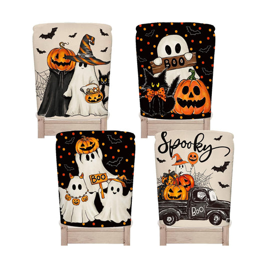 JarThenaAMCS 4Pcs Halloween Chair Back Cover Spooky Boo Ghost Bat Pumpkin Face Seat Covers Dining Chair Slipcover Protector for Trick or Treat Home Kitchen Decor