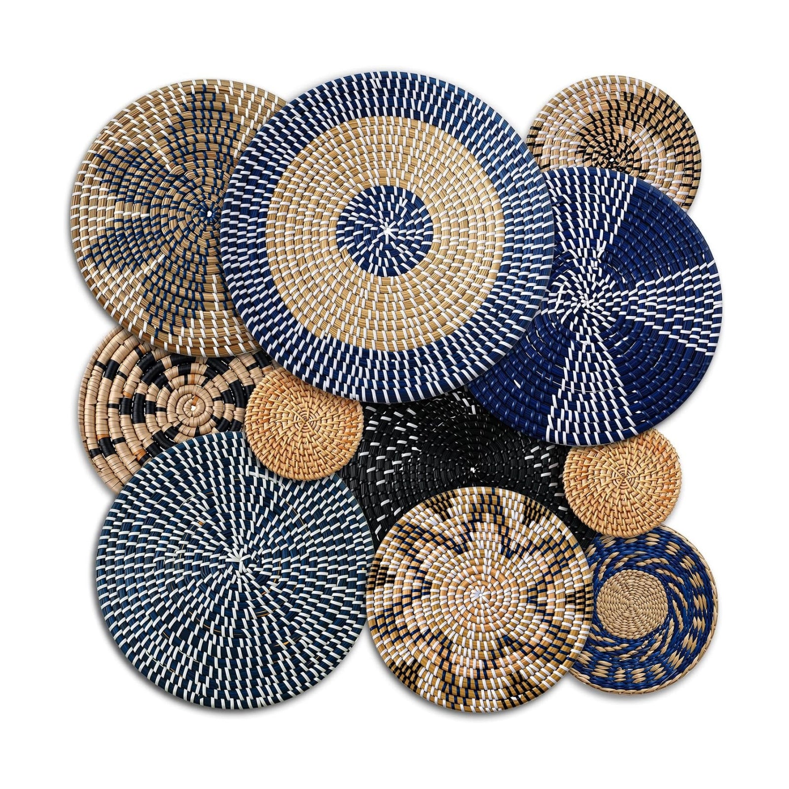 Boho Wall Basket Decor Bulrush Woven Wall Hanging Art Round Farmhouse Rustic / Blue / Set of 11