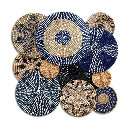 Boho Wall Basket Decor Bulrush Woven Wall Hanging Art Round Farmhouse Rustic / Blue / Set of 11