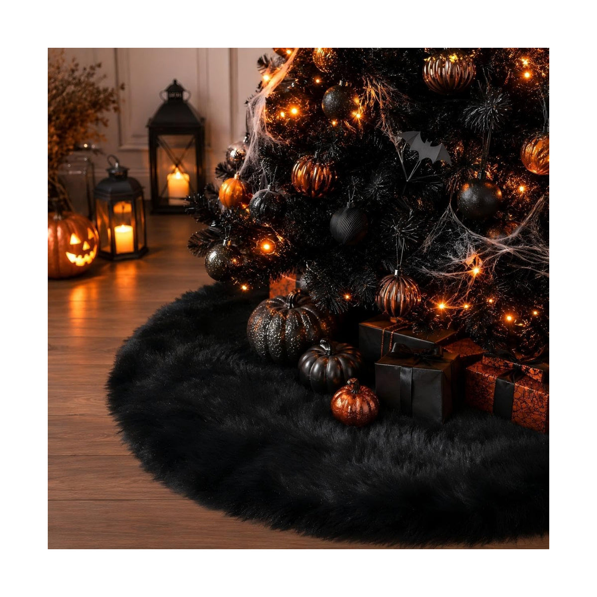 28 Inch Black Faux Fur Christmas Tree Skirt for Halloween Decorations