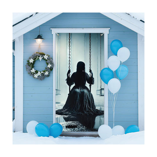 INV Creepy Girl Swing Door Cover 35x71 Inch Double Sided Spooky Haunted House Door Decoration for Halloween Front Door Porch Horror Entryway Indoor Outdoor Scary Decor