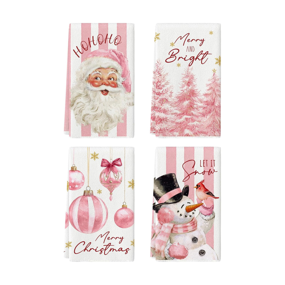 Pink Christmas Kitchen Towels, 20 x 27.5 inches Snowman Santa Decoration Christmas Hand Towels, Set of 4 (Pink)