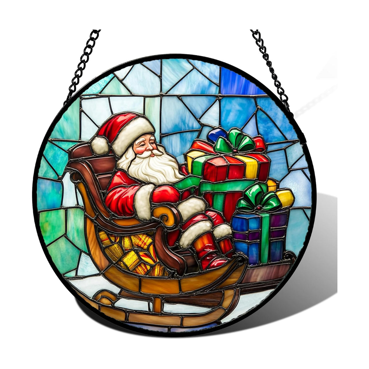 Christmas Jolly Santa Stained Glass Window Hanging Suncatcher Gifts 15"