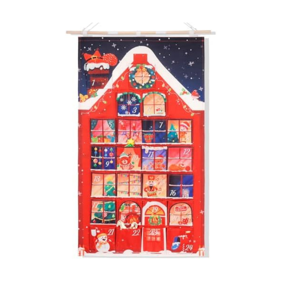 HOWAF Red House Fabric Christmas Advent Calendar with Pockets (Countdown to Christmas), 24 Days Mystery Christmas Countdown Calendar for Xmas Holiday Home Wall Decoration