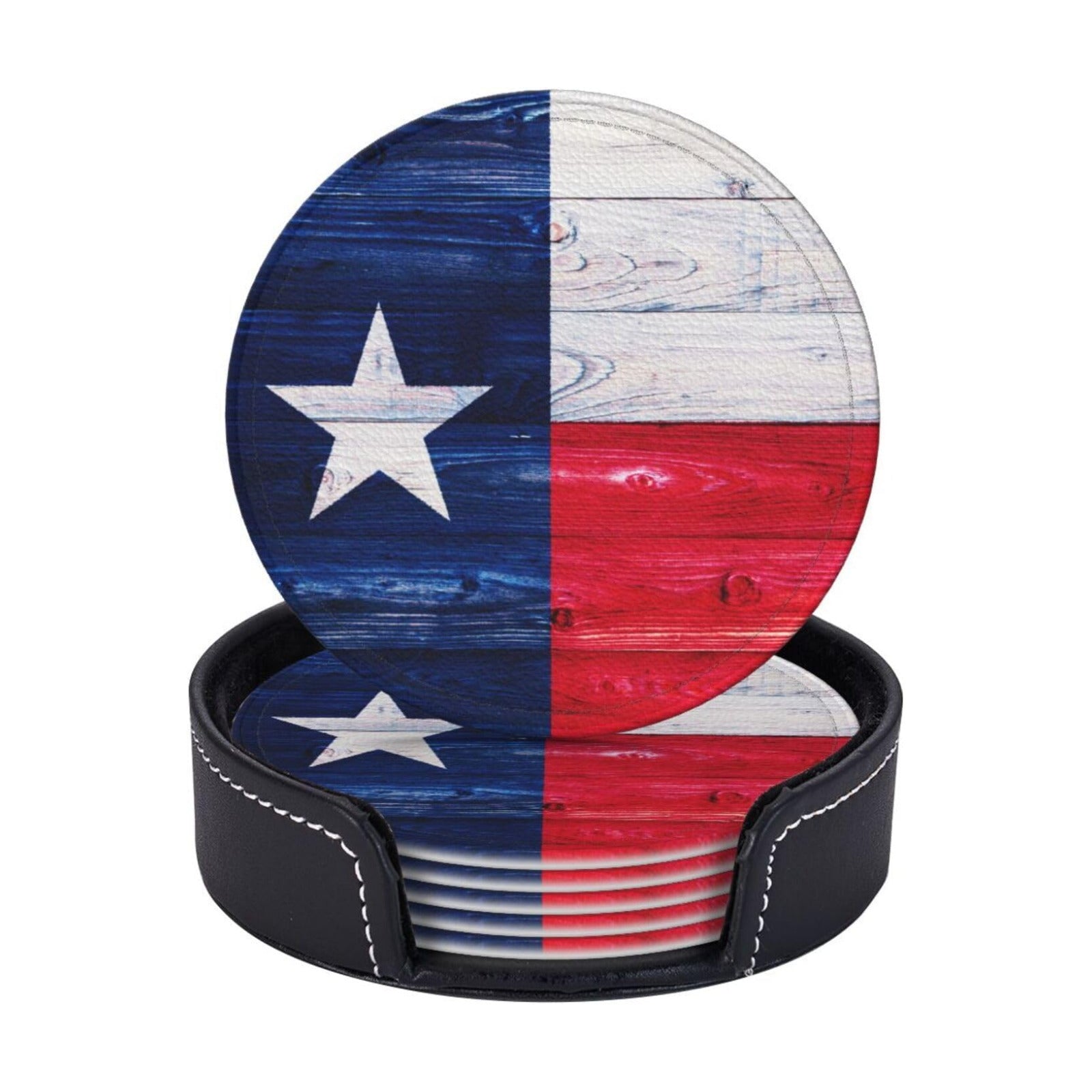 Holder / Leather Drinks Coasters / Texas Flag Wooden / Set of 6