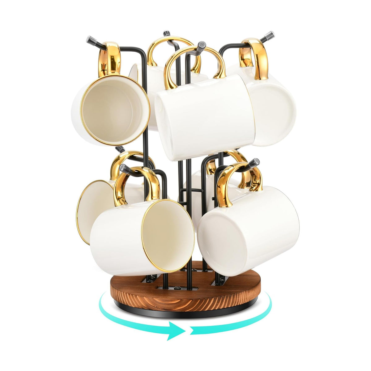 HULISEN 360° Rotating Mug Tree, Coffee Mug Holder for Large Cups, 8 Hooks | Cup Holder for Countertop, Stable Wooden