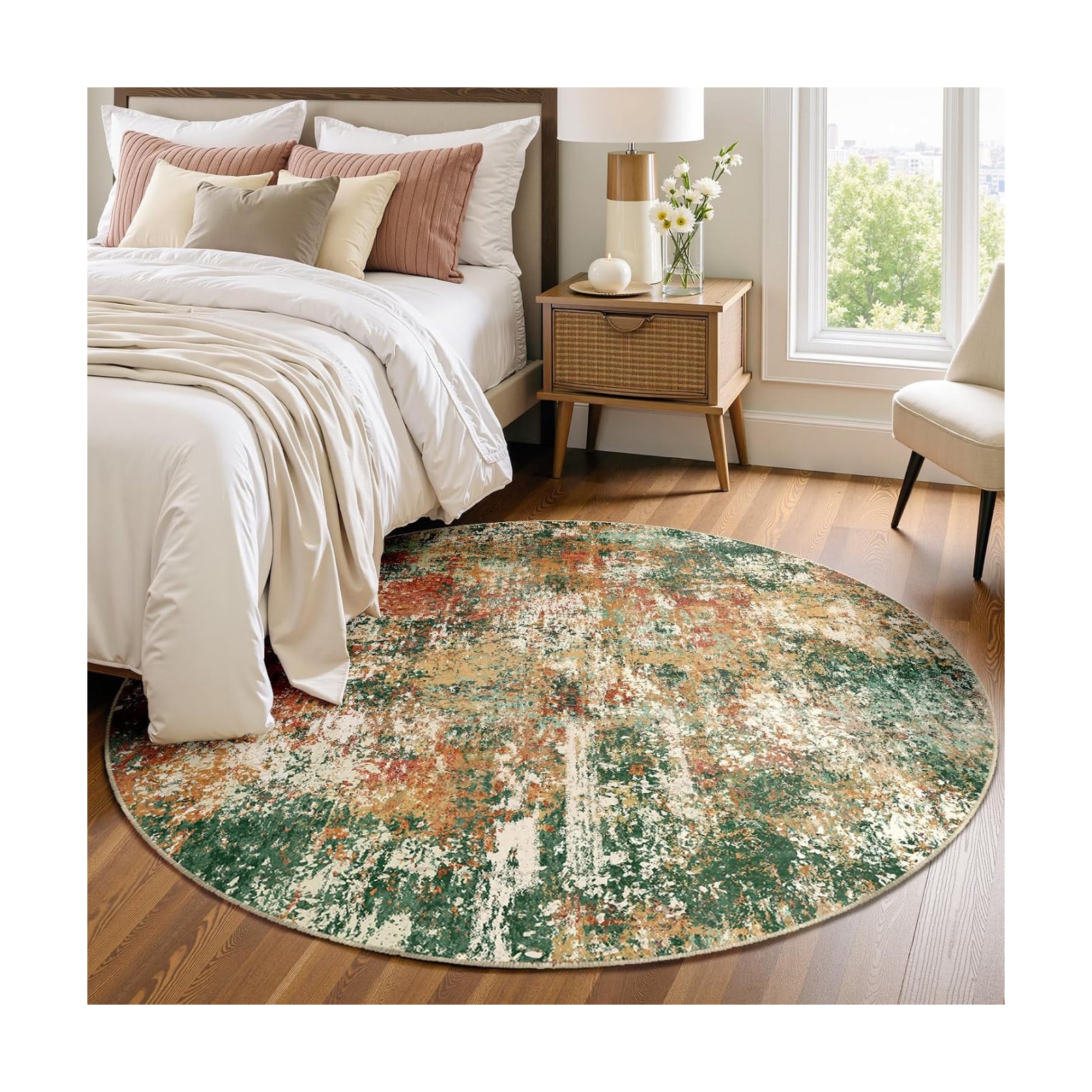 RELEANY Washable Round 4ft Area Rug for Living Room Green Multi