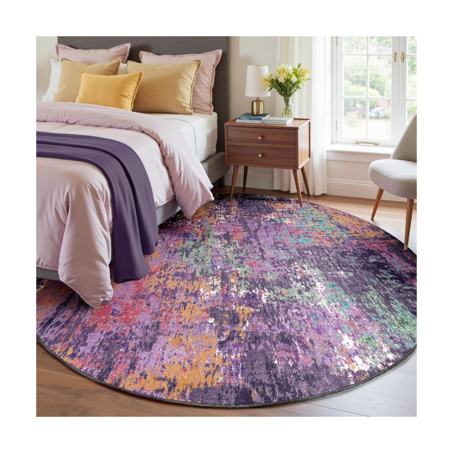 RELEANY Washable Round 8ft Area Rug for Living Room Purple Multi