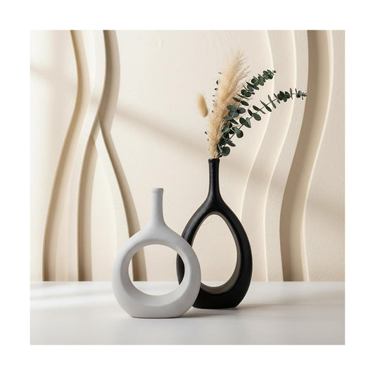 Ceramic Vase / Modern Minimalist Boho Hollow Flower Vases / White&black / Set of 2