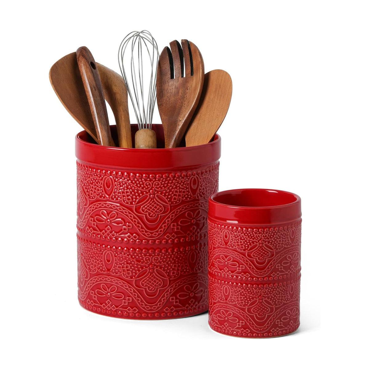 Kitchen Utensil Holder, 7.2+5.5" Super Large Utensil Crock Heavy and Stable Lace Emboss Ceramic Utensil Holder for