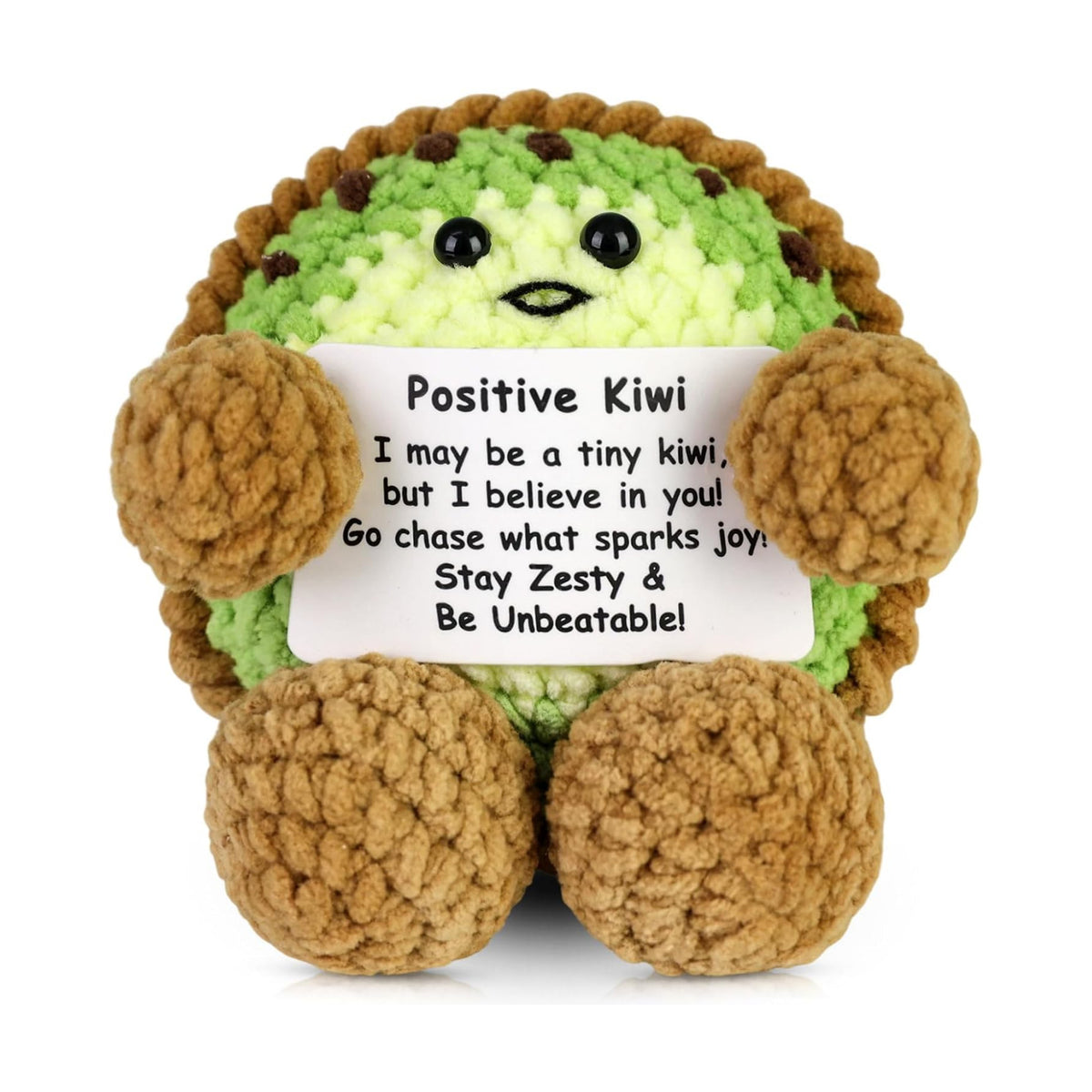 Funny Positive Crochet Kiwi Gift Emotional Support Crochet Fruit with Positive Card for Coworker Family Inspirational Handmade Fall Holiday Birthday Kiwifruit Gifts for Office Home Desk Decor