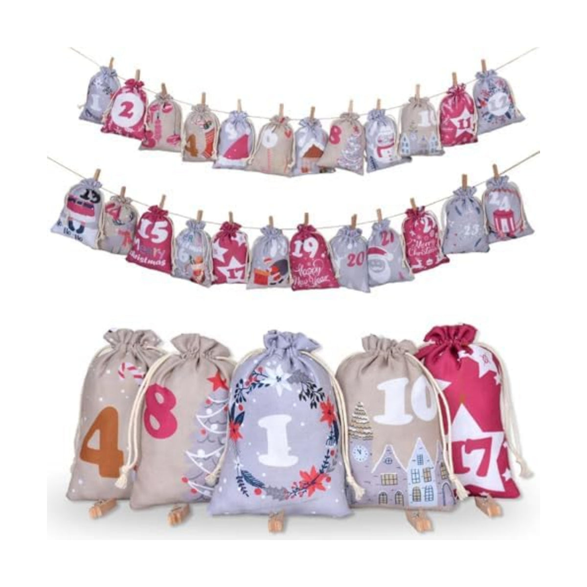 24 Pcs Christmas Advent Calendar Number Bags with Drawstring Closure, 24 Days Countdown Calendar Bags for Xmas gifts, Reusable Christmas gift Bags with Rope and Clips for Winter Holiday Party Favor (Purple)