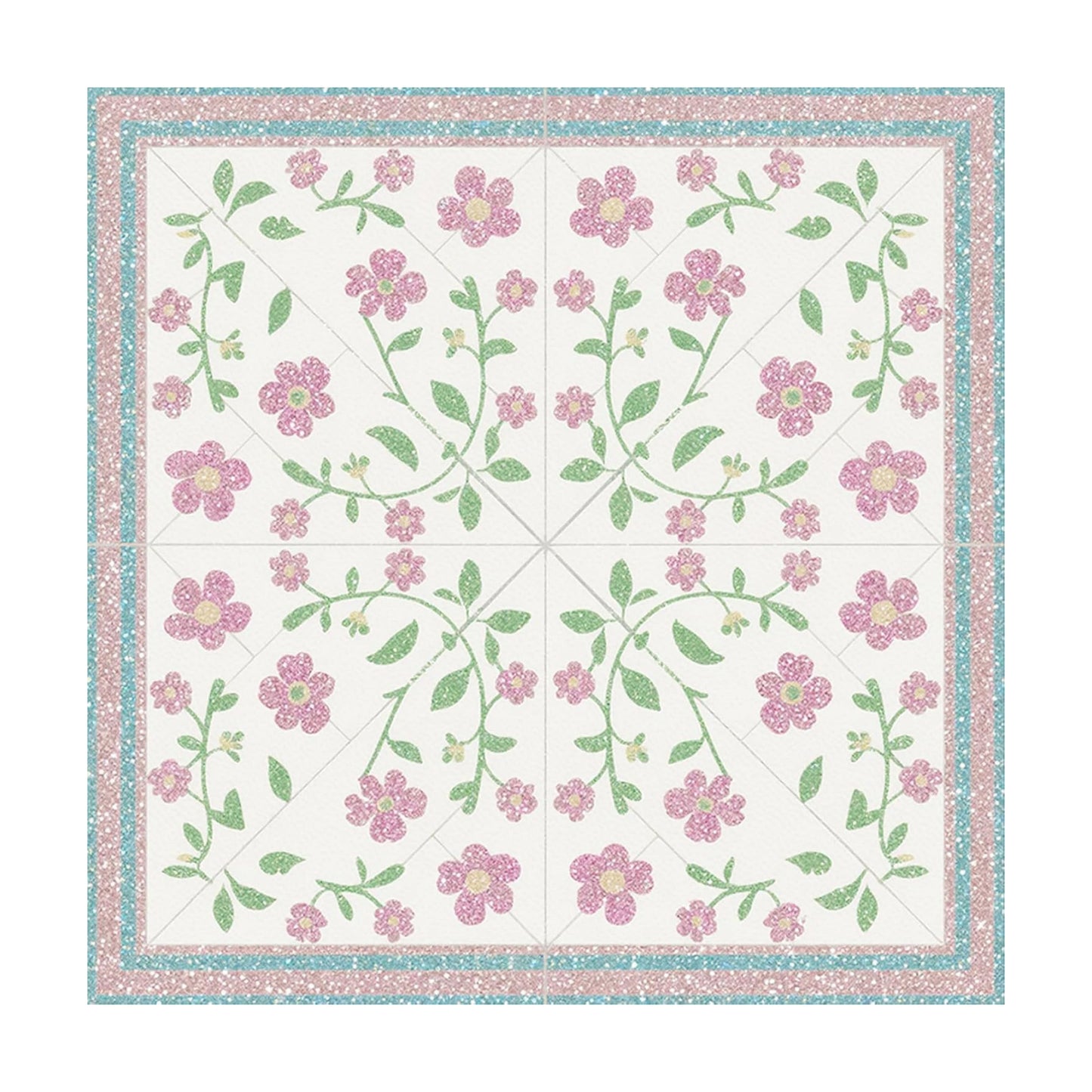Light Green Leaves Floor Tiles Peel and Stick Removable / 12 x 12 / Pink Vine Flowers / Set of 10