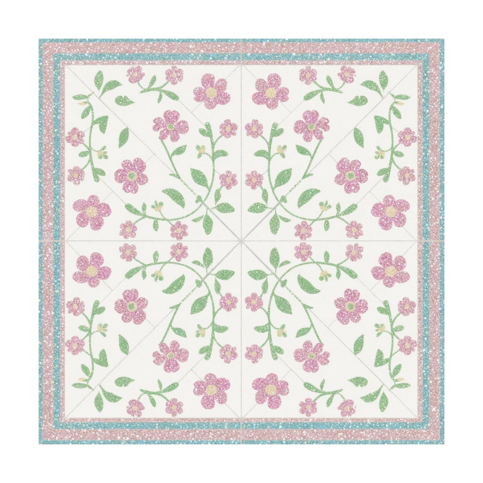 Light Green Leaves Floor Tiles Peel and Stick Removable / 12 x 12 / Pink Vine Flowers / Set of 10