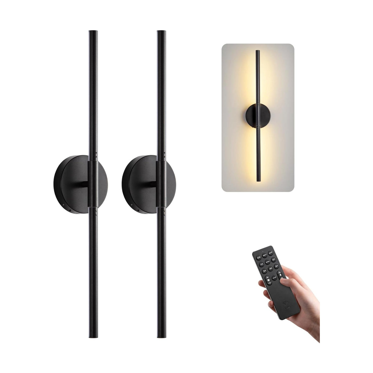 Battery Operated Wall Sconces Set of 2, Remote & Touch Control | 24 Inch Black Rechargeable Wall Light, Wireless