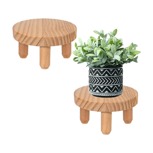 Decorative Round Wood Desktop Plant Stand Mid Century Kitchen Counter Pedestal Stand / Natural