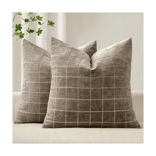 Decorative Chenille Check Throw Pillow Covers Vintage Plaid Couch / 18 x 18 / Taupe Grey / Set of 2