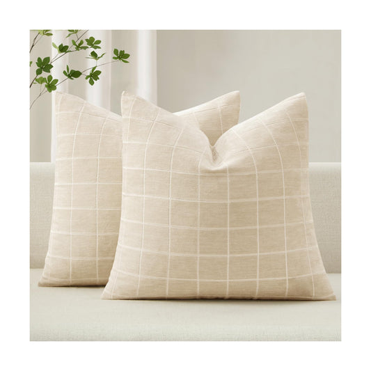 Decorative Chenille Check Throw Pillow Covers Vintage Plaid Couch / 18 x 18 / Beige / Set of 2