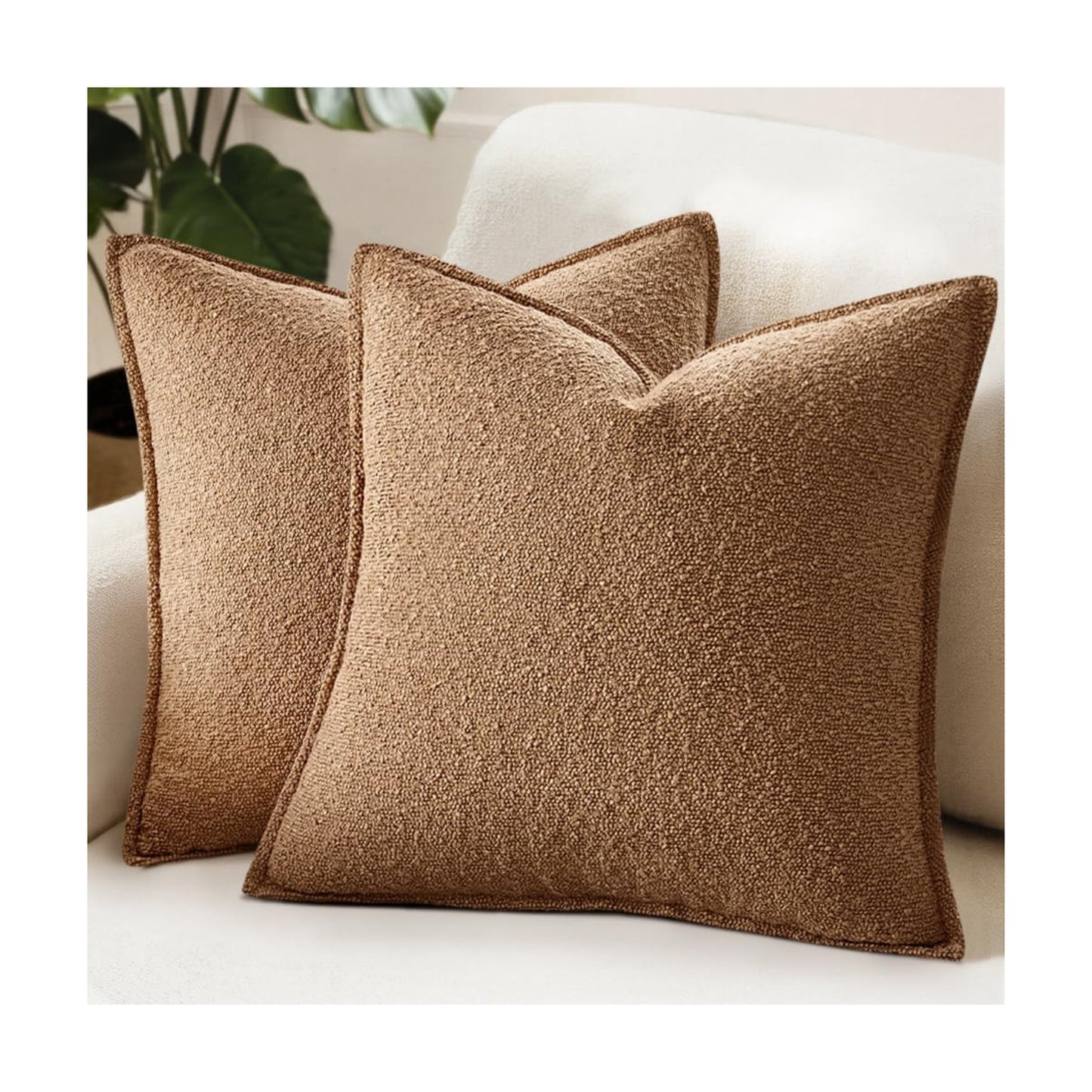 Decorative Textured Boucle Throw Pillow Covers Broadside Thick Boho / 18 x 18 / Brown / Set of 2