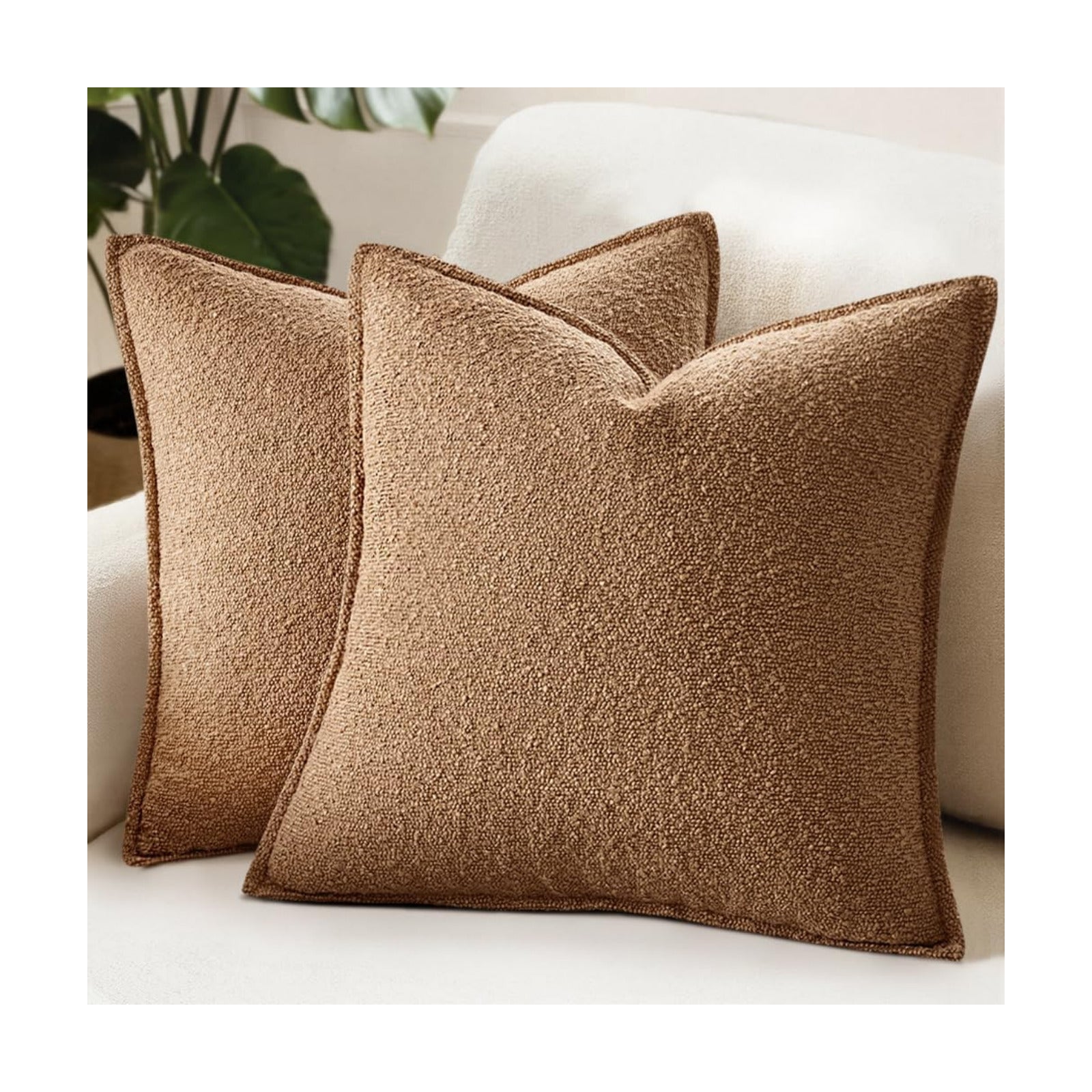 Decorative Textured Boucle Throw Pillow Covers Broadside Thick Boho / 18 x 18 / Brown / Set of 2
