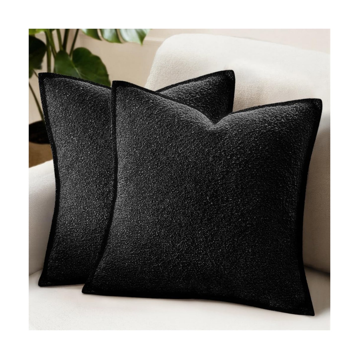Decorative Textured Boucle Throw Pillow Covers Broadside Thick Boho / 18 x 18 / Black / Set of 2