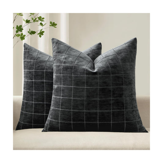Decorative Chenille Check Throw Pillow Covers Vintage Plaid Couch / 18 x 18 / Black / Set of 2