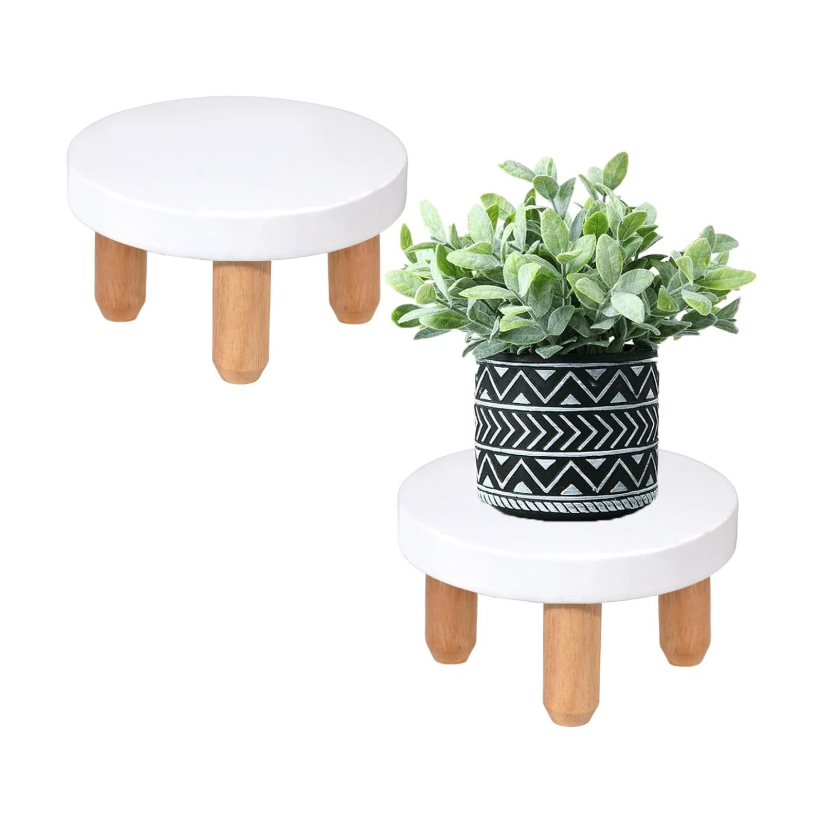 Decorative Round Wood Desktop Plant Stand Mid Century Kitchen Counter Pedestal Stand / White
