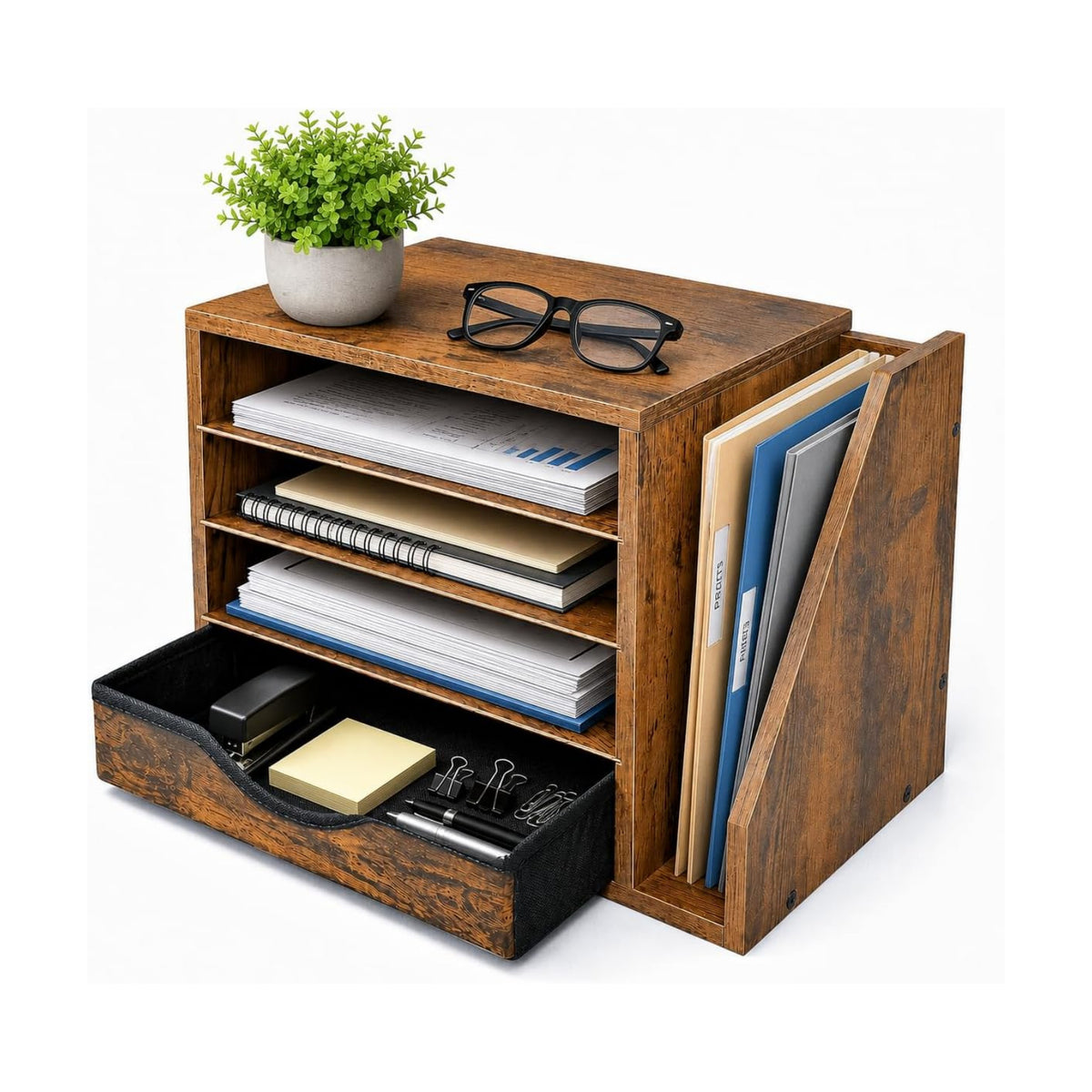Wooden Desk Organizer with Drawers, Office Paper Mail and Organizer Wood | Four adjustable shelves and a 12-inch drawer