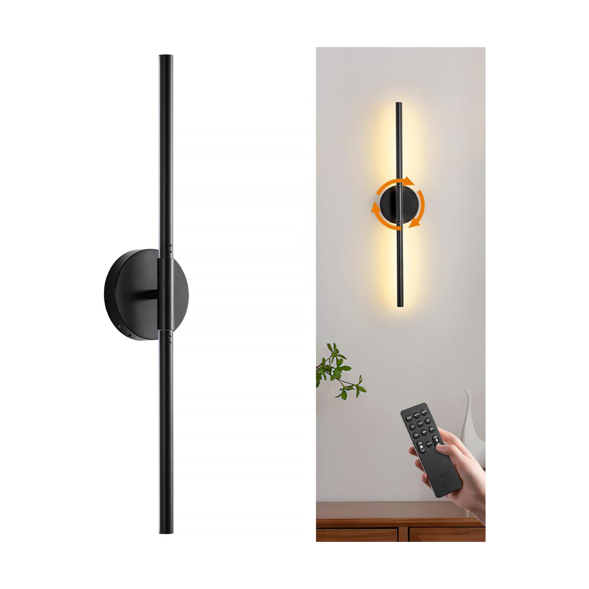 Battery Operated Wall Sconce, 30 Inch, Black, Rechargeable | Wireless Wall Light with Remote & Touch Control