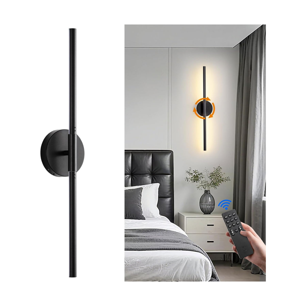 24 Inch Battery Operated Wall Sconces, Remote & Touch Control | Black Rechargeable Wall Light, Wireless Sconces wall