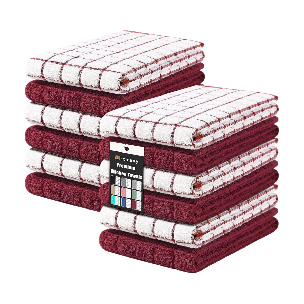 Homaxy Large Premium Cotton Kitchen Towels 16"x 28", 12 Pack, Red | Natural Ring Spun 390 GSM Dish Towels, Super