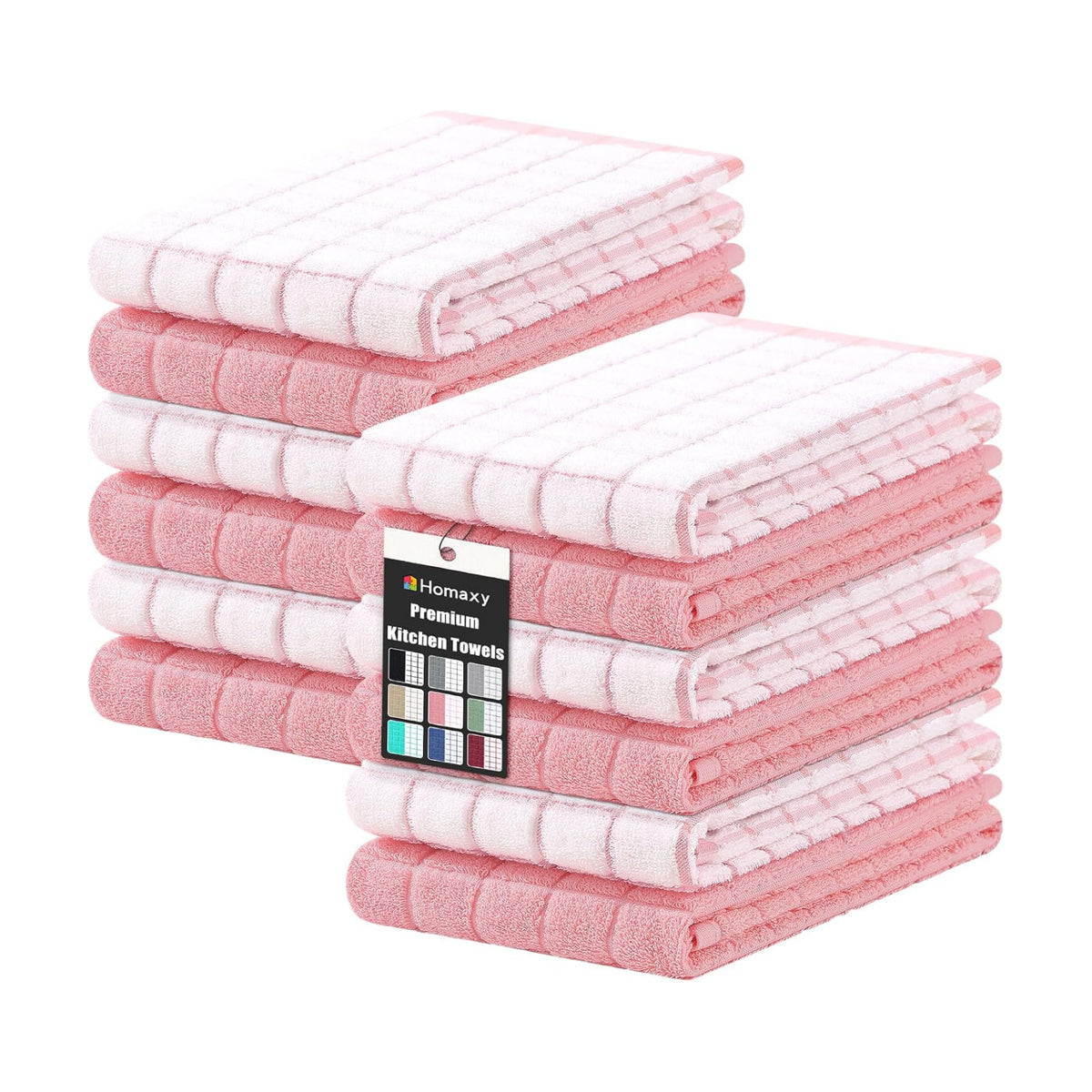 Homaxy Large Premium Cotton Kitchen Towels 16"x 28", 12 Pack, Pink | Natural Ring Spun 390 GSM Dish Towels, Super