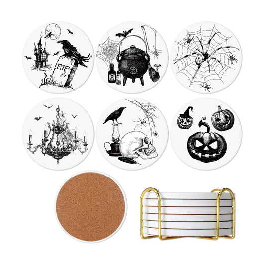 Vintage Gothic Coasters Spider Skull Raven Bottle Design Drink Coaster / Halloween / Set of 6