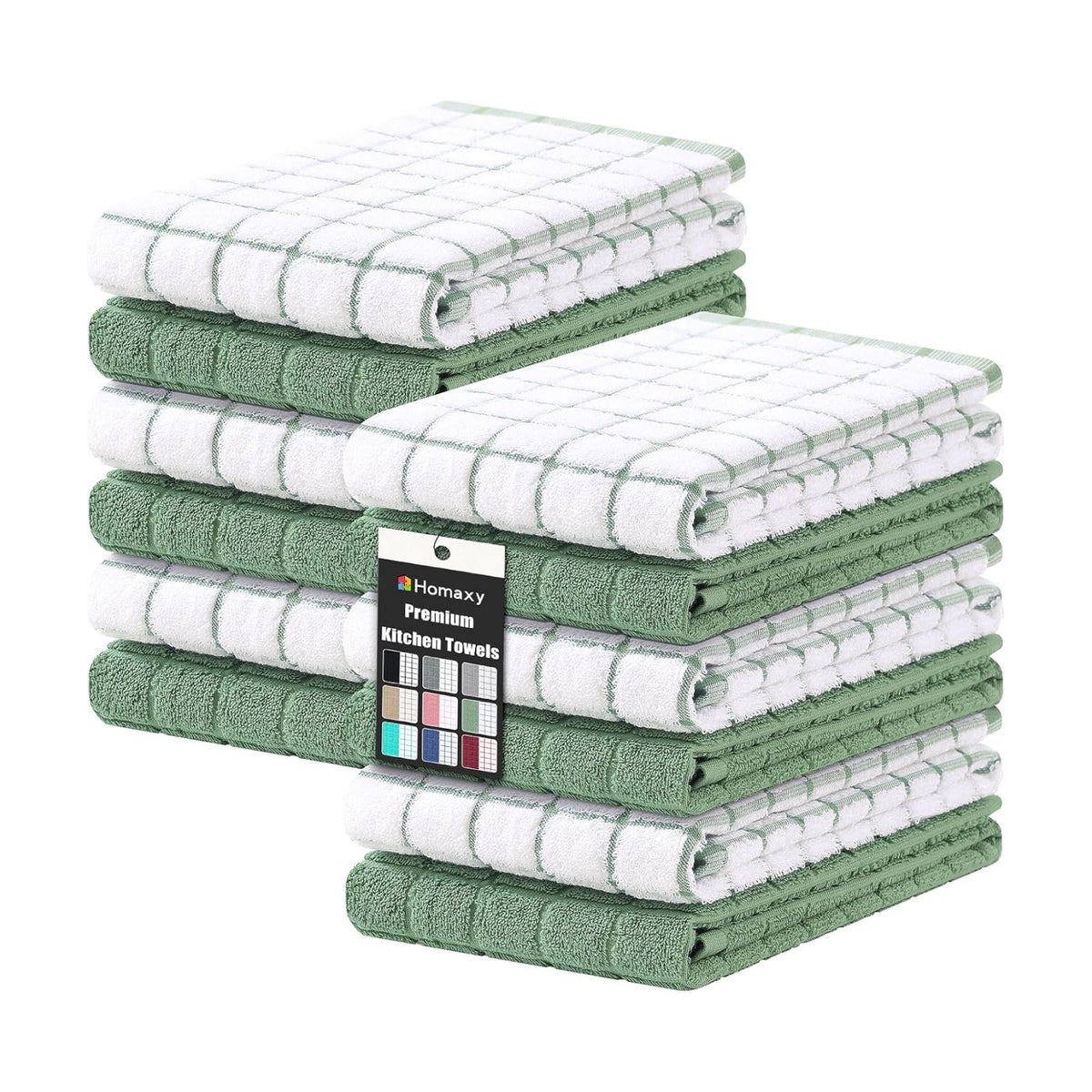 Homaxy Large Premium Cotton Kitchen Towels 16"x 28", 12 Pack, Grass Green | Natural Ring Spun 390 GSM Dish Towels