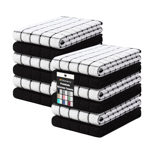 Homaxy Large Premium Cotton Kitchen Towels 16"x 28", 12 Pack, Black | Natural Ring Spun 390 GSM Dish Towels, Super