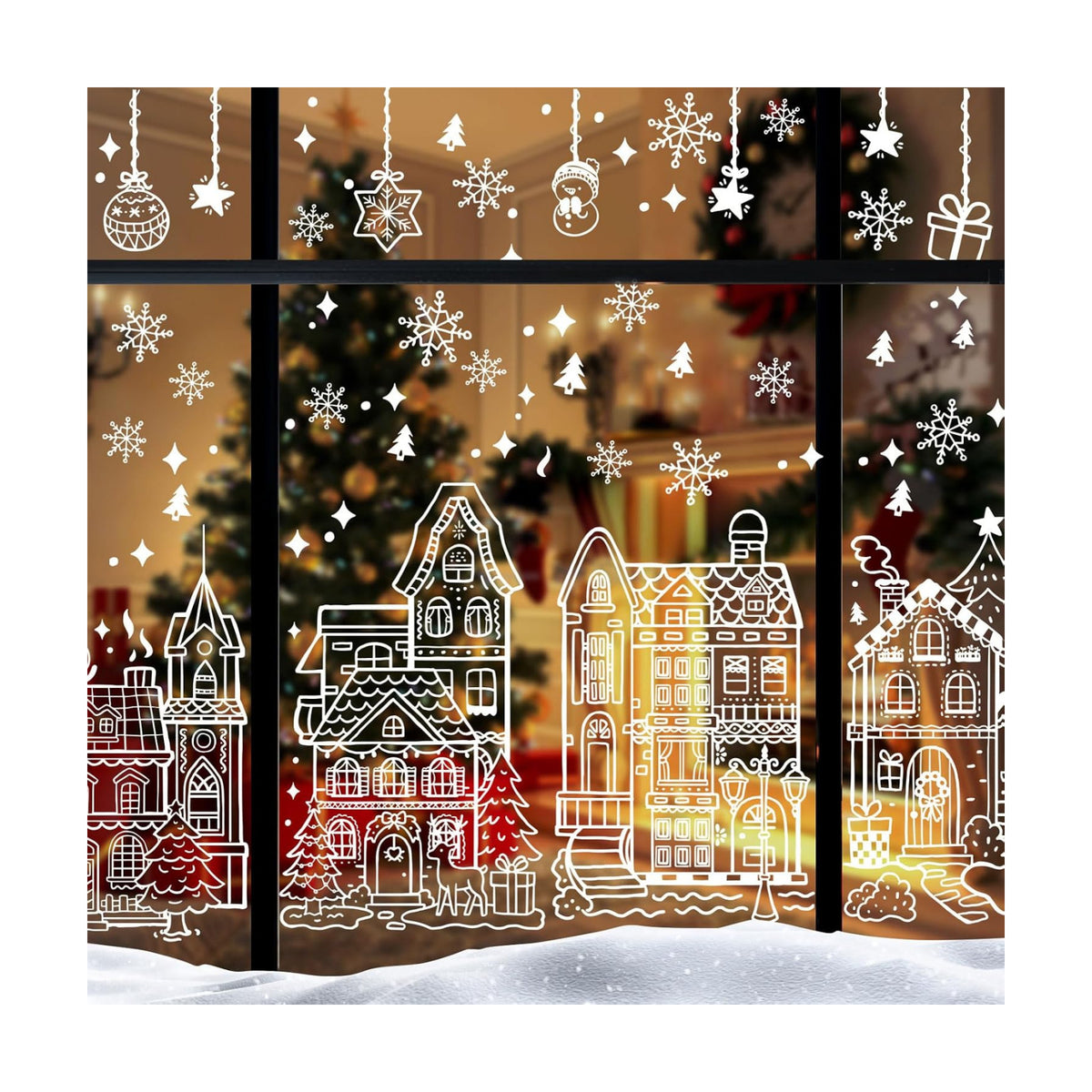 AhfuLife Large Christmas Window Clings Decorations, 27 x 15 in, 4 Sheets Double Side Xmas Snowflake White House Window Decals Stickers for Home Party Indoor Shop Decorations