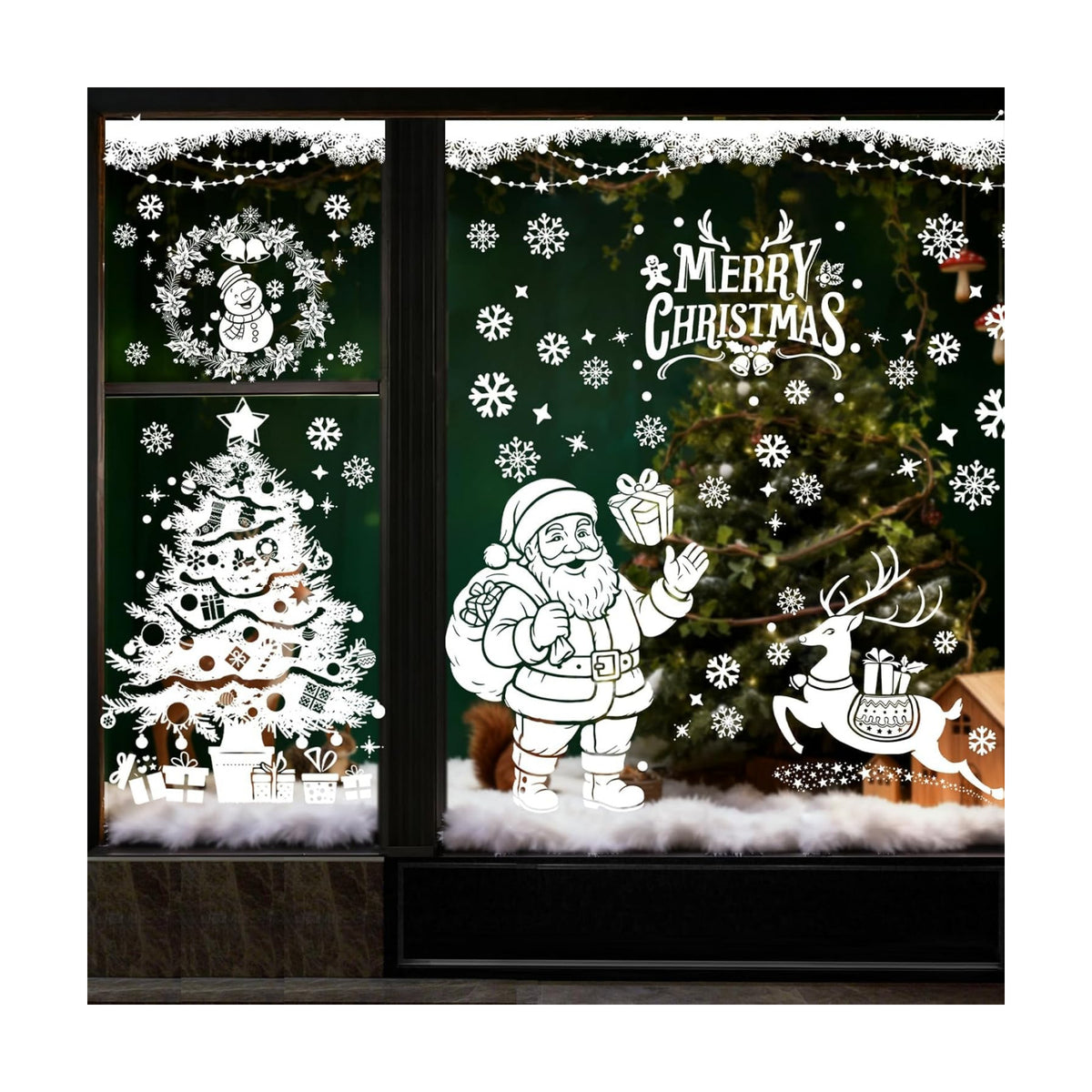 AhfuLife Large Christmas Window Clings Decorations, 35.4 x 11.8 in, 6 Sheets Double Side Xmas Snowflake Santa Reindeer Snowman Window Decals Stickers for Home Glass Party Indoor Decorations