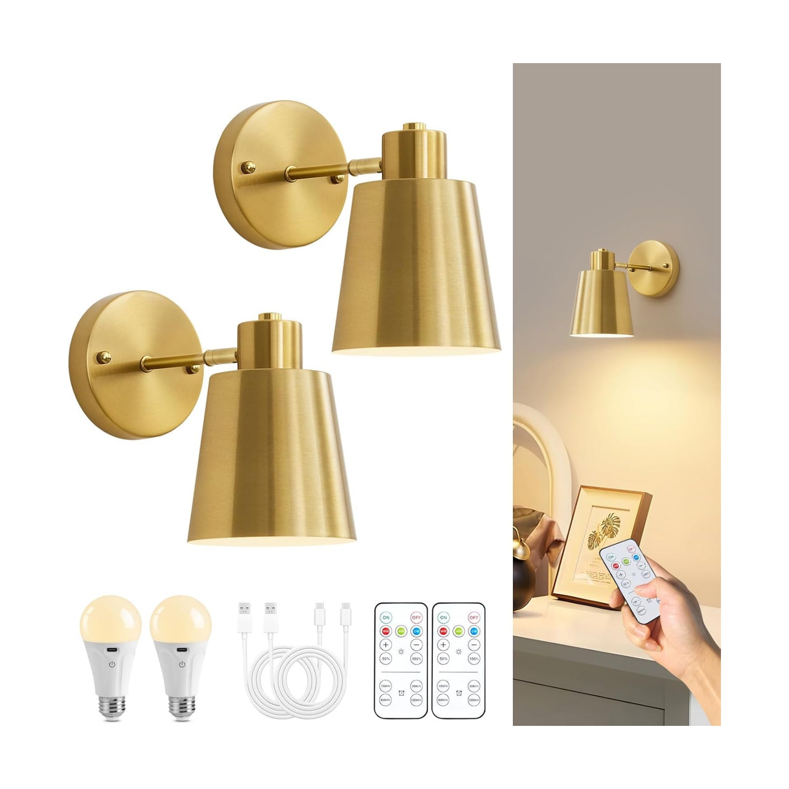 Gold Battery Operated Wall Sconces Set of Two with Remote, Rechargeable Battery Powered Wall Lights, 3 Color