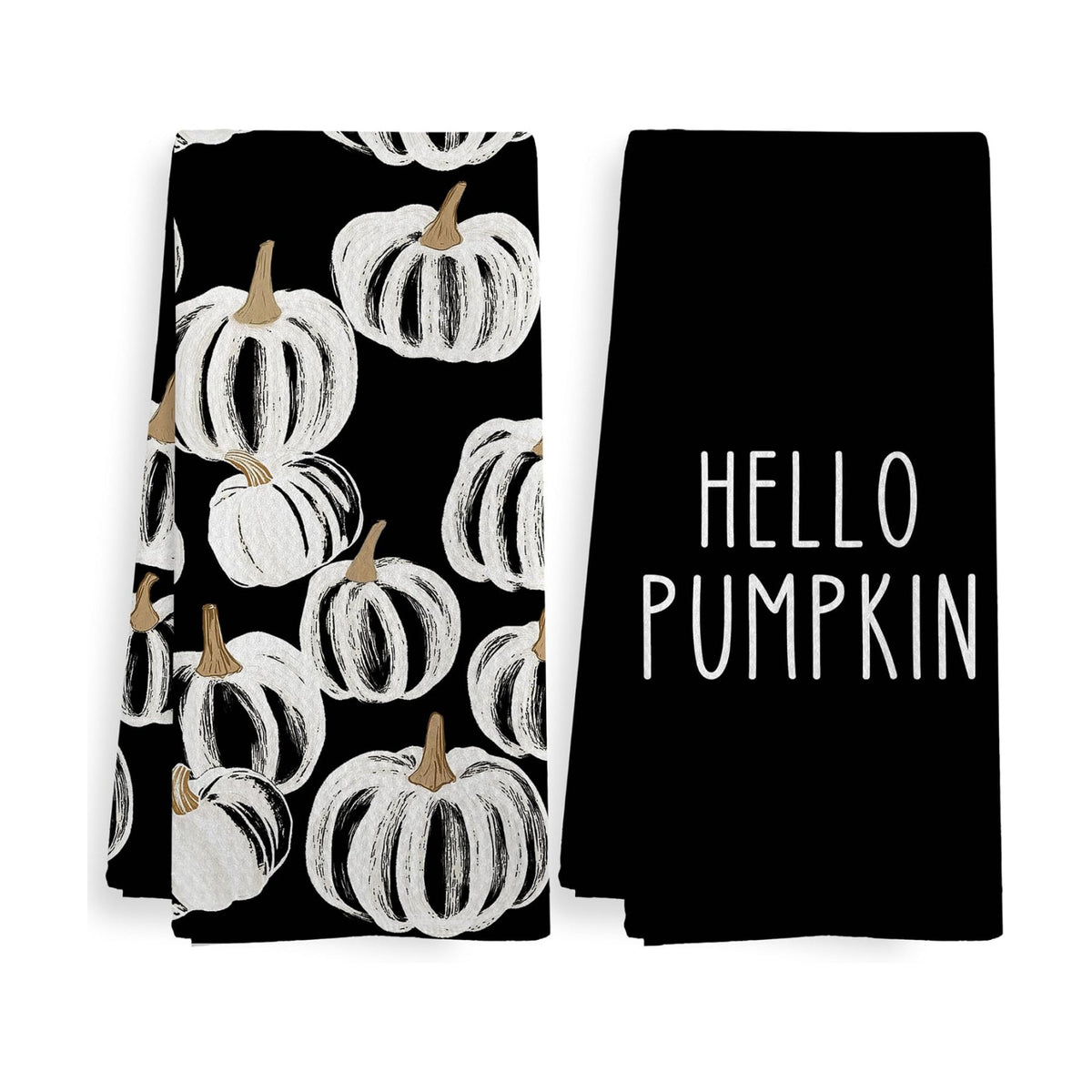 Fall Hello Pumpkin Black Halloween Kitchen Towels and Dishcloths Sets of 2, Black and White Fall Pumpkin Decor Dish Hand Tea Towels for Bathroom Kitchen, Autumn Aesthetic Fall Decor,16x24Inch