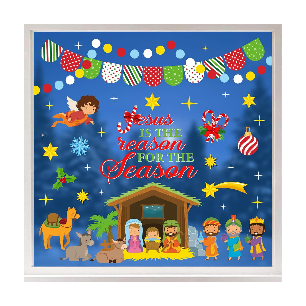 Whaline 9 Sheets Christmas Christian Window Cling Stickers Jesus Nativity Scene Window Decals Xmas Cartoon Reusable Decoration for Holiday Party Home Classroom