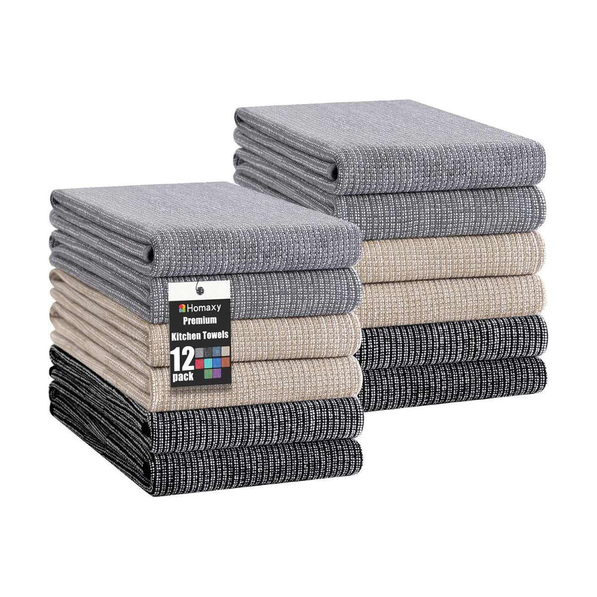 Homaxy 380 GSM Cotton Premium Kitchen Towels 12 Pack, 18"x 28", Mix | Flat and Terry Dish Towels, Highly Absorbent Tea