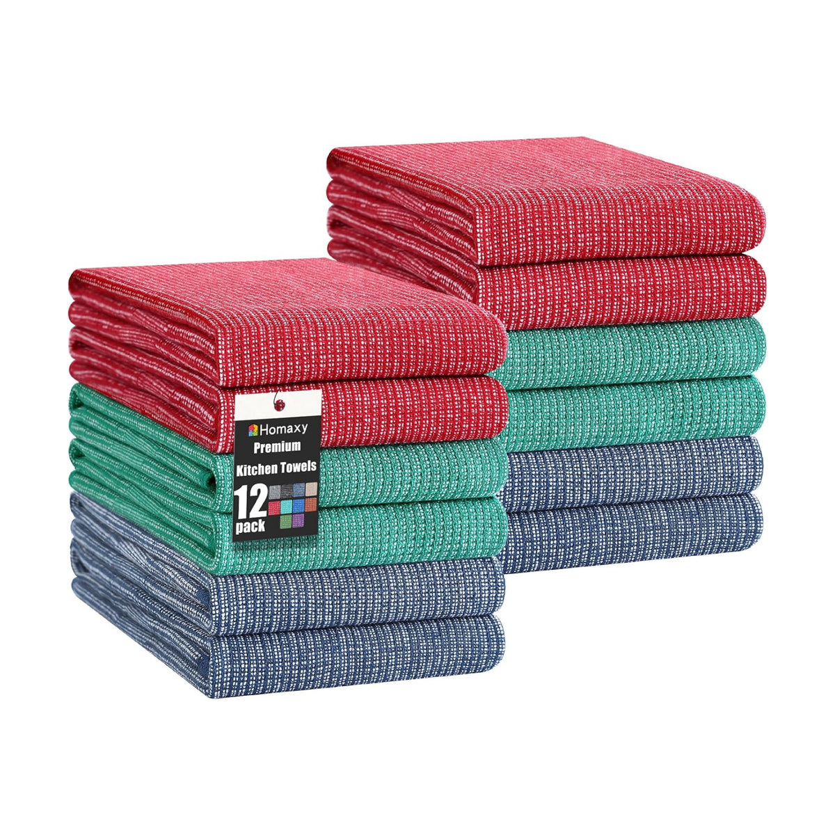 Homaxy 380 GSM Cotton Premium Kitchen Towels 12 Pack, 18"x 28", Mix | Flat and Terry Dish Towels, Highly Absorbent Tea