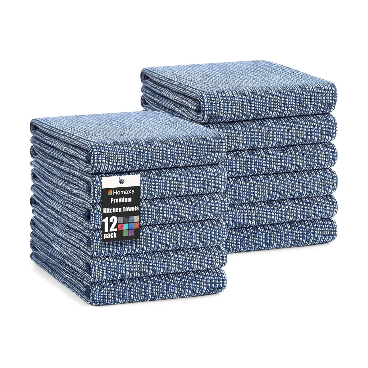 Homaxy 380 GSM Cotton Premium Kitchen Towels 12 Pack, 18"x 28", Navy Blue | Flat and Terry Dish Towels, Highly