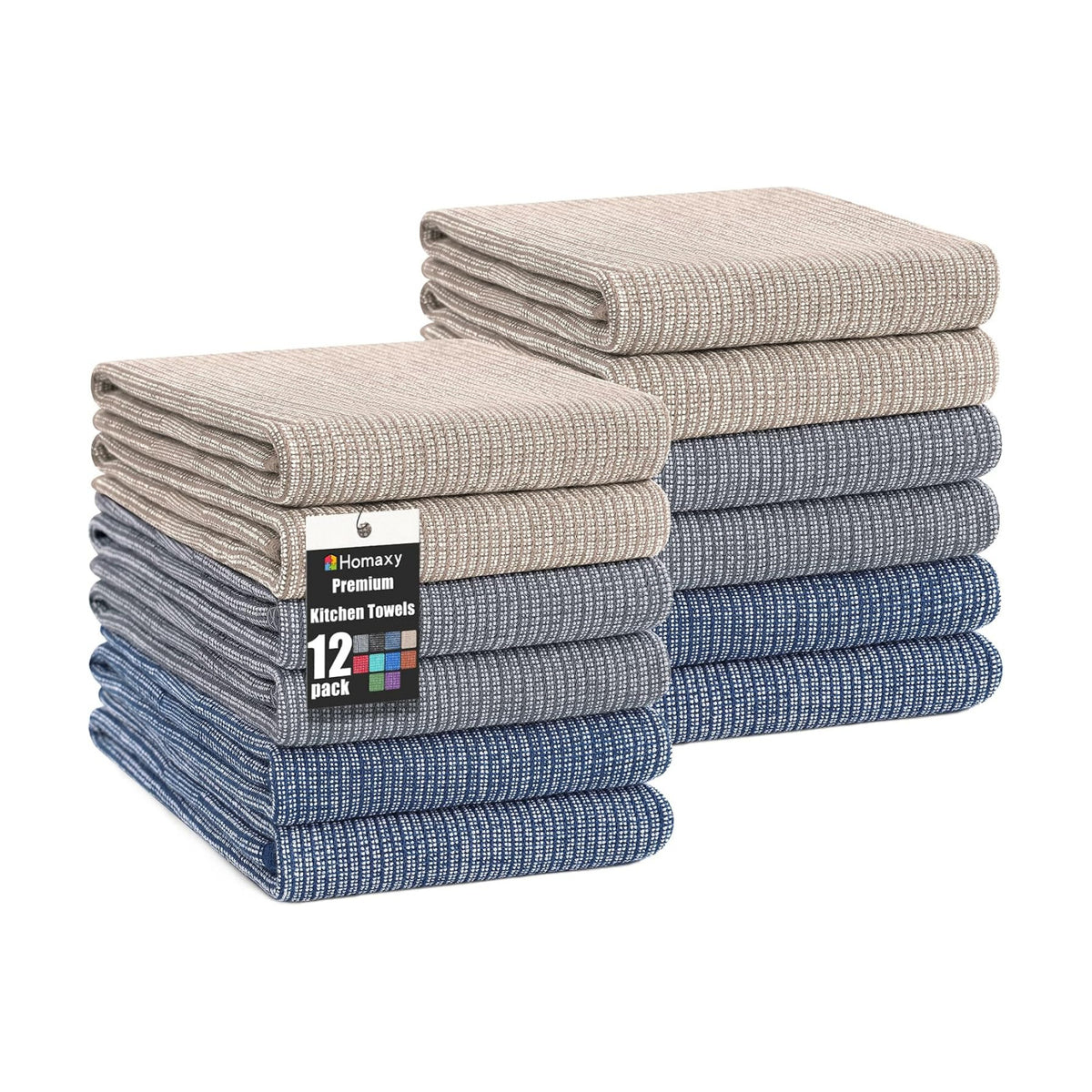 Homaxy 380 GSM Cotton Premium Kitchen Towels 12 Pack, 18"x 28", Multicolor | Flat and Terry Dish Towels, Highly