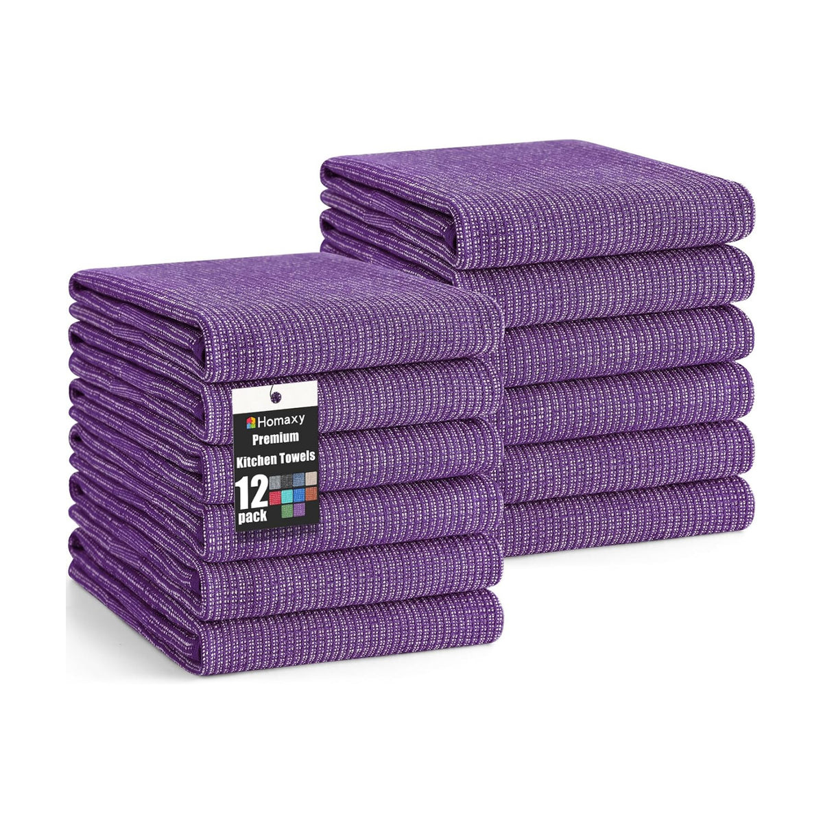 Homaxy 380 GSM Cotton Premium Kitchen Towels 12 Pack, 18"x 28", Purple | Flat and Terry Dish Towels, Highly Absorbent