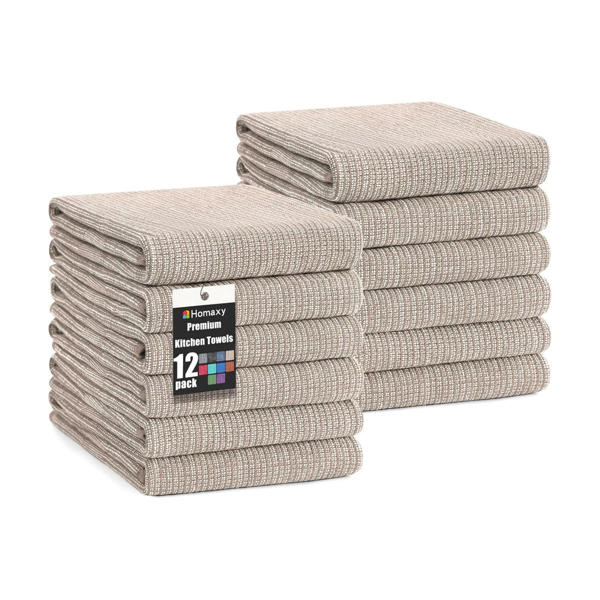 Homaxy 380 GSM Cotton Premium Kitchen Towels 12 Pack, 18"x 28", Khaki | Flat and Terry Dish Towels, Highly Absorbent