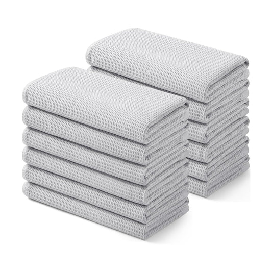 Homaxy 100% Cotton Waffle Weave Kitchen Towels, 12 Pack, Light Grey | Soft and Absorbent Dish Towels, 16 x 26 Inches