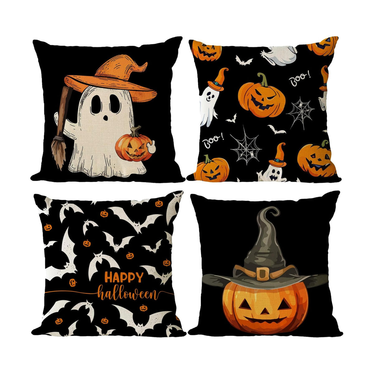 YeeJu Set of 4 Halloween Pillow Covers 18x18 Inch Cute Ghost Pumpkin Decor Throw Pillow Covers Black Plaid Happy Halloween Cushion Covers Linen Pillow Cases for Home Outdoor Sofa Couch (18 by 18)